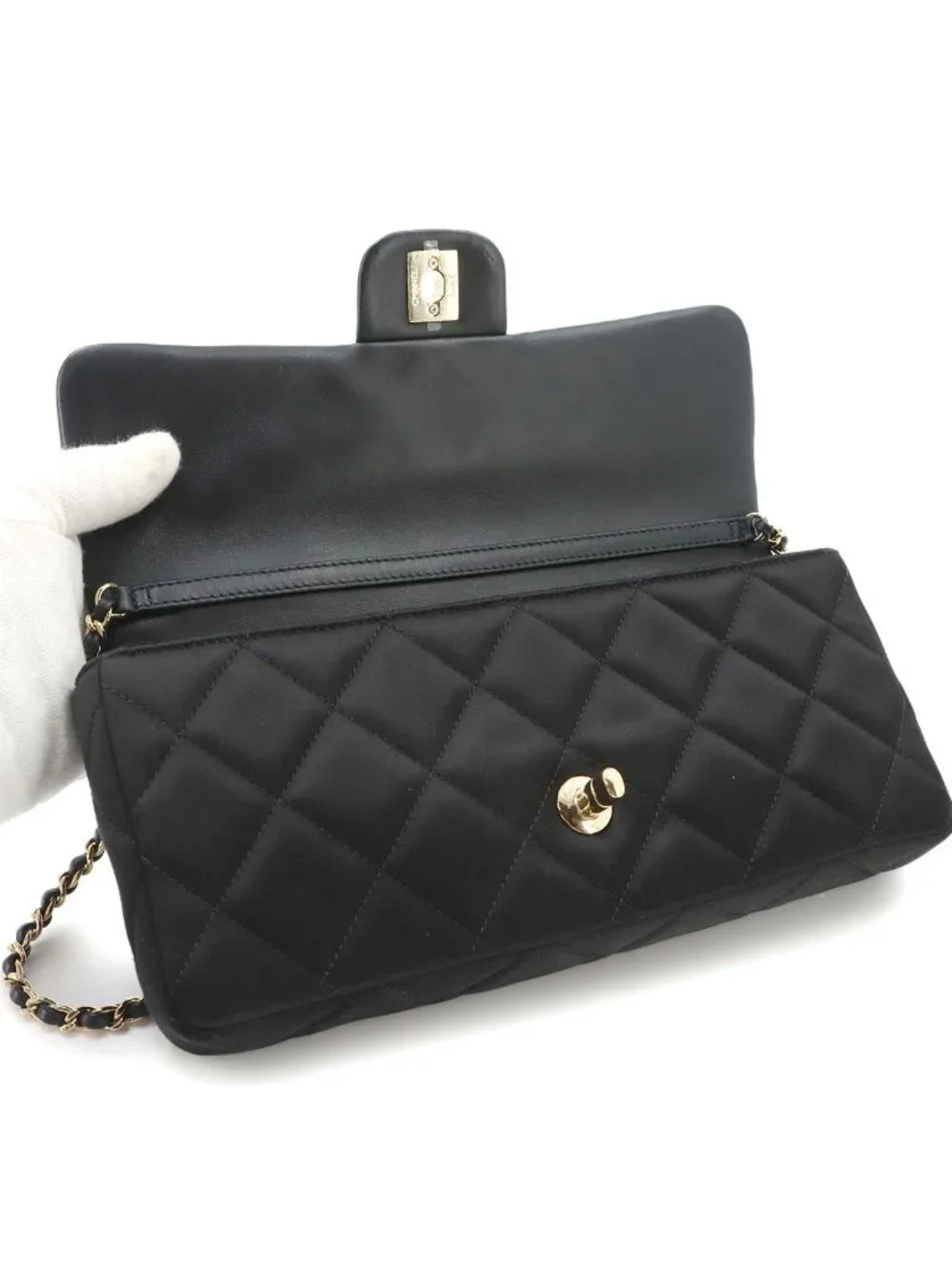 Chanel Quilted Shoulder Bag Satin Pearl Black Gold